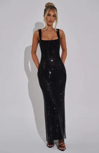 Square-Neck Mesh Sequin Mini Dress – Glitter Cocktail Dress