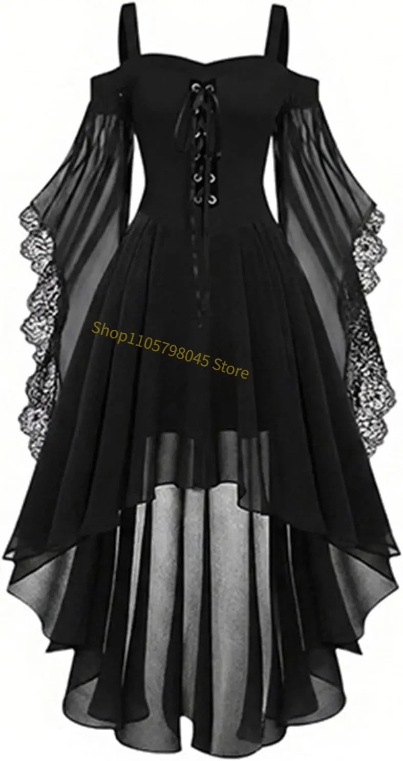 Women Medieval Gothic Vampire Witch Costume Butterfly Mesh Long Sleeve Irregular Hem Dress, For Halloween Carnival Theme Party