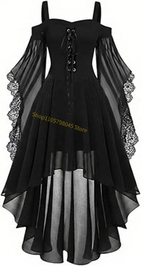 Women Medieval Gothic Vampire Witch Costume Butterfly Mesh Long Sleeve Irregular Hem Dress, For Halloween Carnival Theme Party