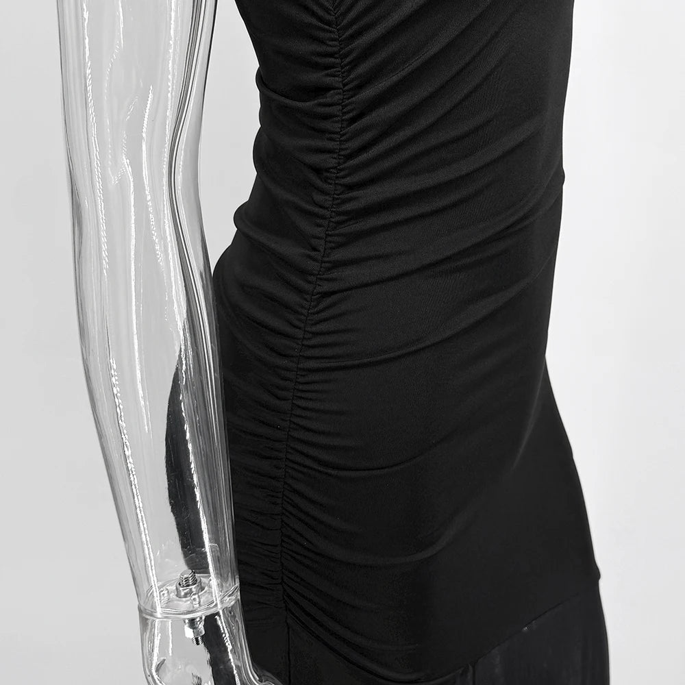 Ticketsx Off Shoulder See Through Dress Solid High Waist Patchwork Backless Slim Long Dress Women Vacation Party Evening Dresses