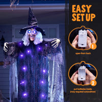 6Ft Halloween Witch Decoration,Outdoor Scary Halloween Animatronic Hanging Witch with Light up Eyes and Sound Decoration for Halloween Outdoor