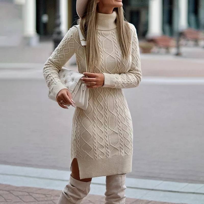 Fitted Turtleneck Sweater Dress with Slit