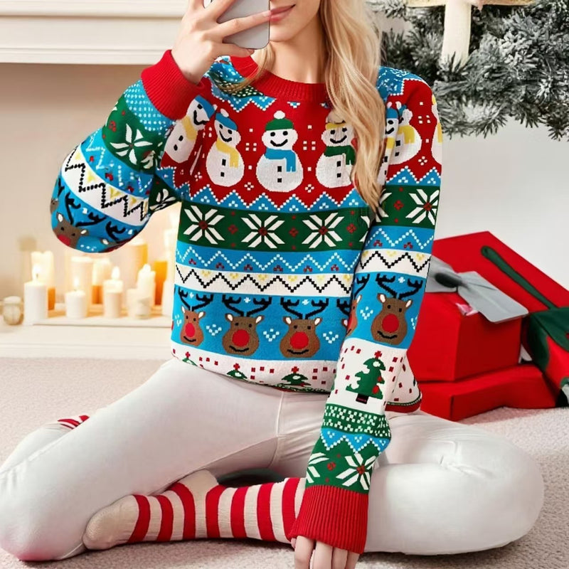 Round-neck, Wool-like Sweater Stretchy Pullover Faux Knit Top