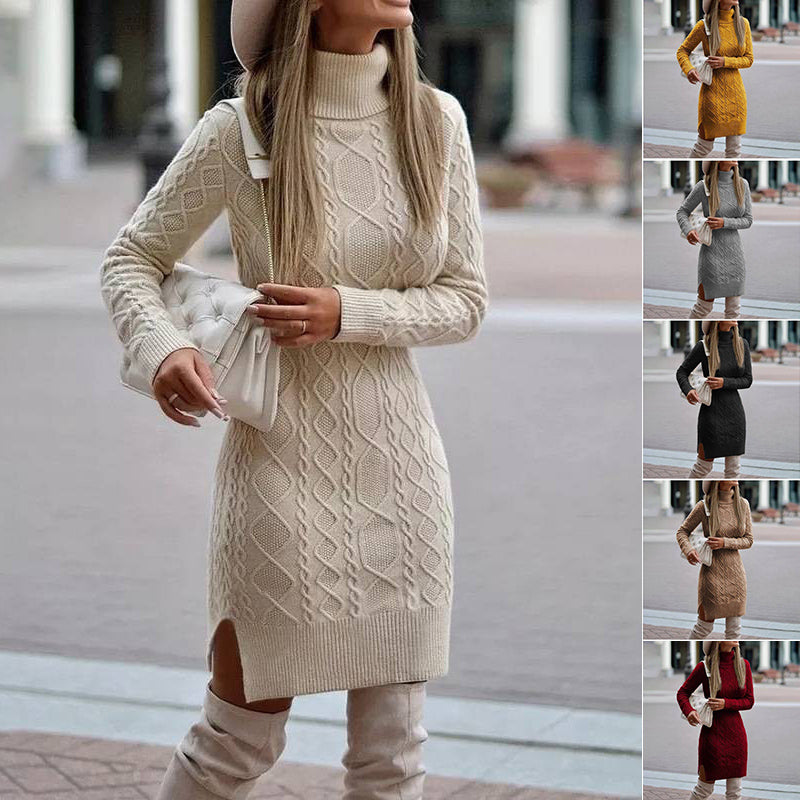 Fitted Turtleneck Sweater Dress with Slit