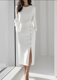 Women's Solid Long Sleeve Round Neck Waist-Cinched Button Slit Dress