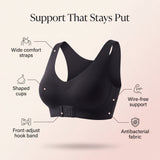 Stay-Put bra features: wide comfort straps, shaped cups, wire-free support, front-adjust hook band, antibacterial fabric
