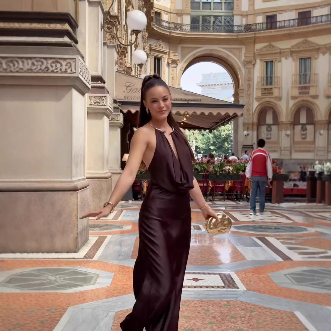 Mocha Satin Halter Maxi Dress