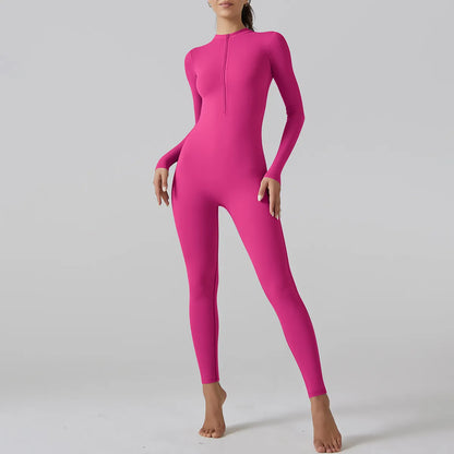 Chic Half-Zip Bodycon Jumpsuit in Pitaya Pink — Back View | Enigmae