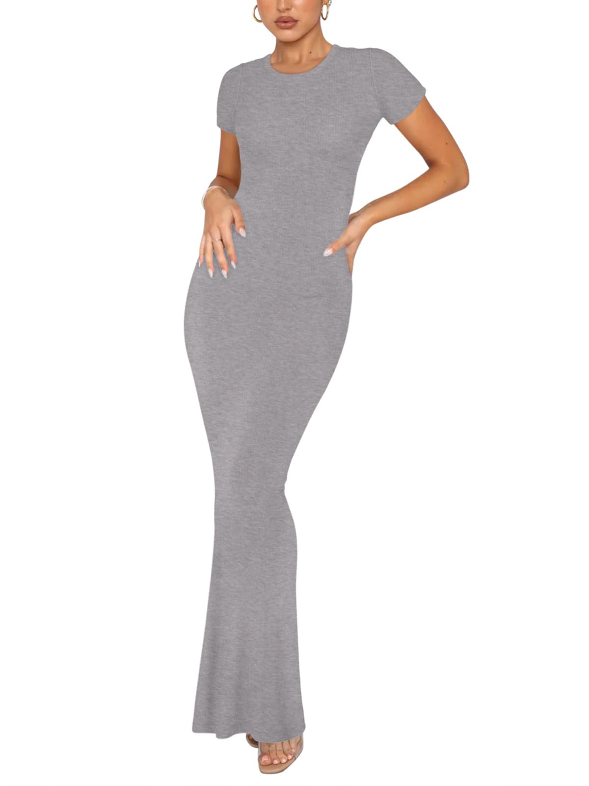 REORIA Womens Summer Sexy Casual Lounge Long Dress Elegant Wedding Guest Short Sleeve Crew Neck Bodycon Maxi Dresses Light Grey Small