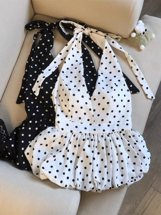 Backless Sexy Halter Beach Babydoll Crop Tops Women Polka Dots V Neck Sleeveless T Shirt Ruffles Basic Tees Not-Padded Pad — ENIGMAE 4K
