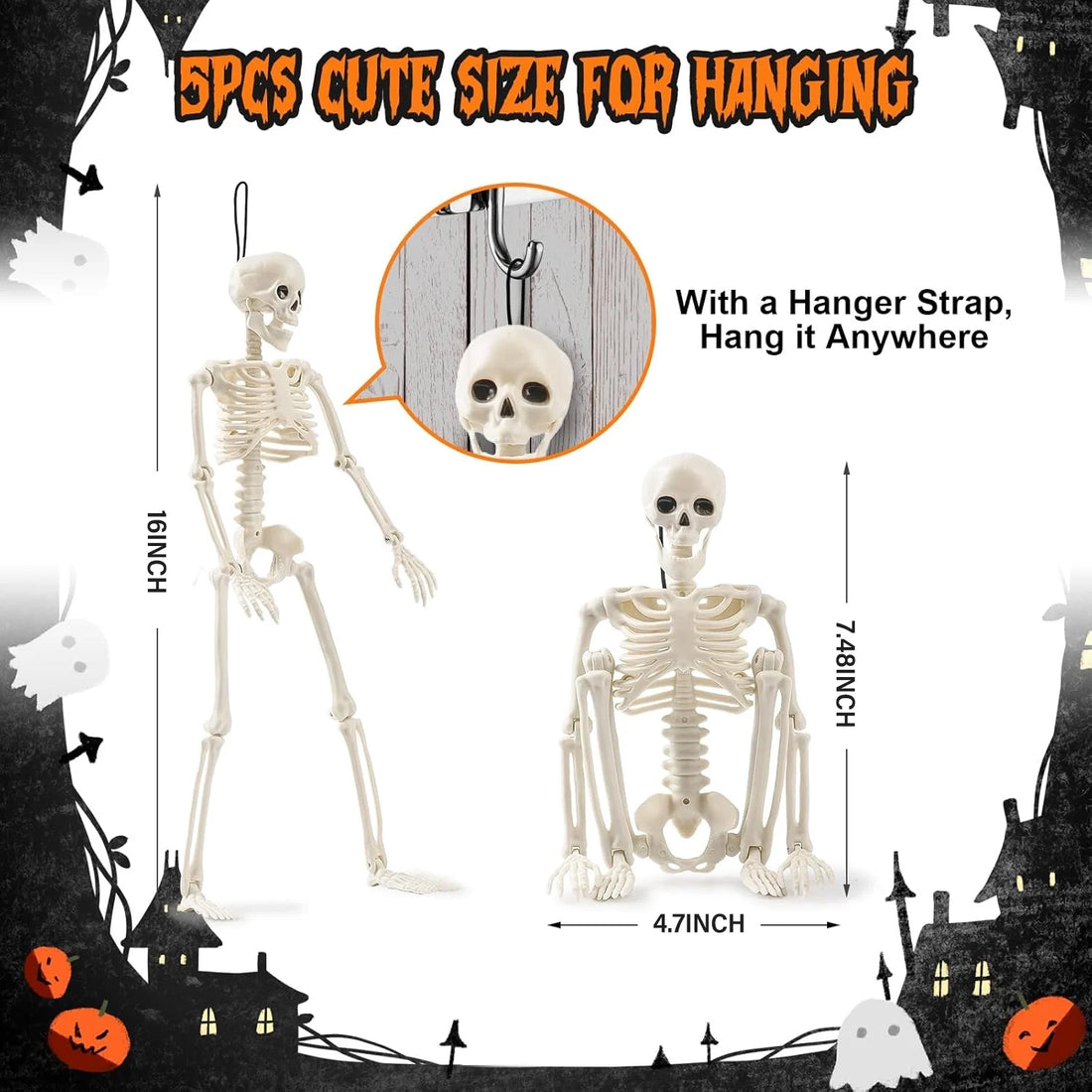 5Pcs Halloween Skeleton Decorations, Mini Posable Skeletons Halloween Decor for Halloween Decorations Indoor Outdoor