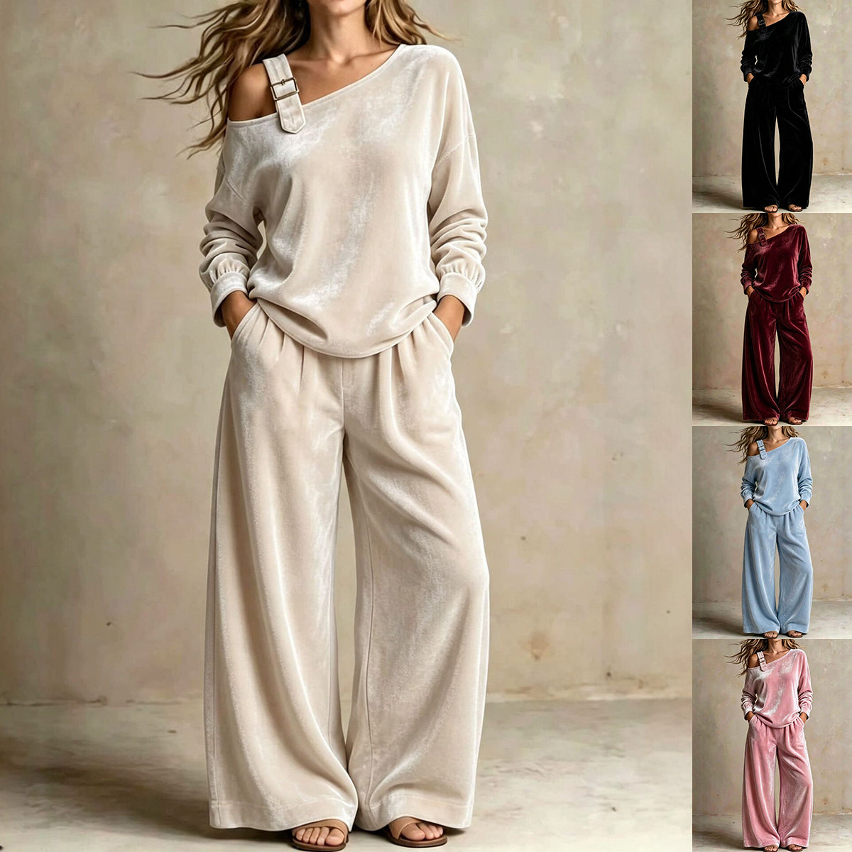 Off-shoulder Suit Women's Velvet Casual Two-Piece Set  Soft Comfortable Outfit Daily Clothing