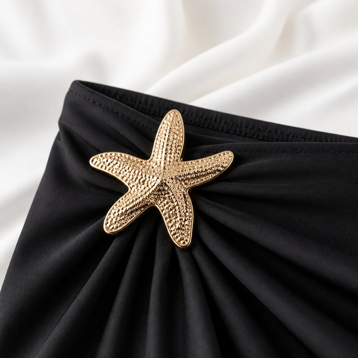 Starfish Gold Accent 3-Piece Bikini Set — Black — starfish detail 4K