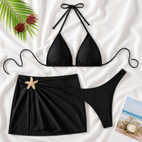 Starfish Gold Accent 3-Piece Bikini Set — Black — studio flat lay 4K