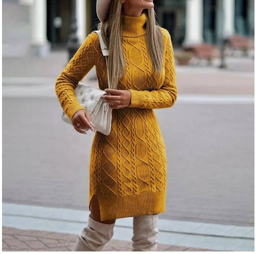 Fitted Turtleneck Sweater Dress with Slit
