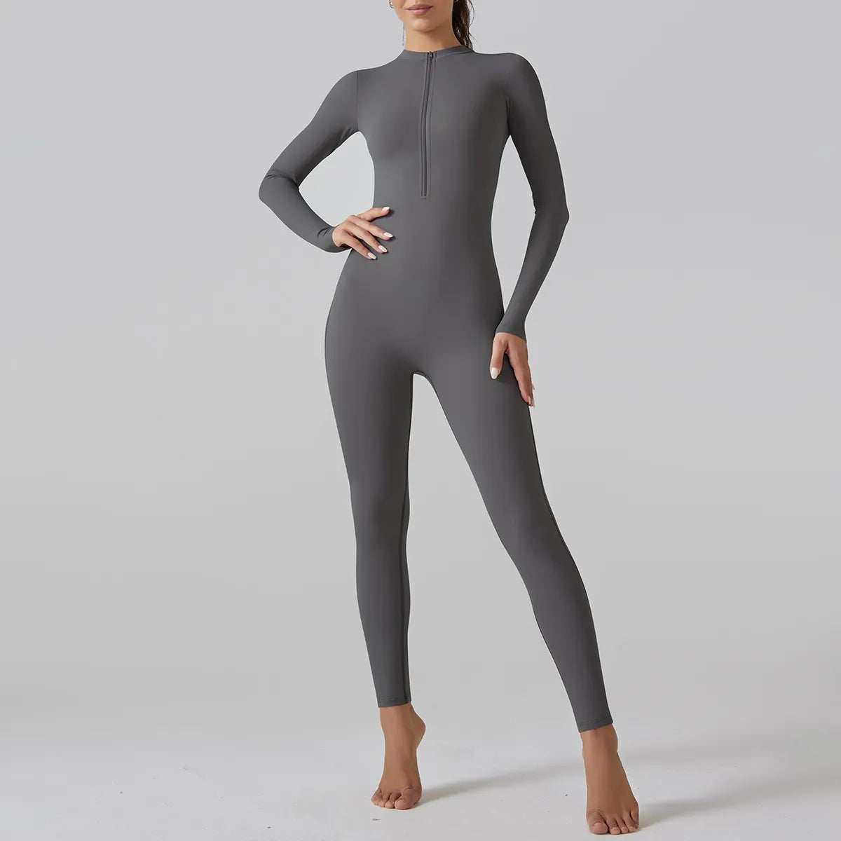 Chic Half-Zip Bodycon Jumpsuit in Gray — Close-Up Detail | Enigmae