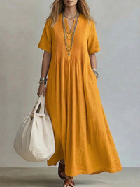 The Neck Pleated Cotton Linen Dress — women’s Dress, ENIGMAE