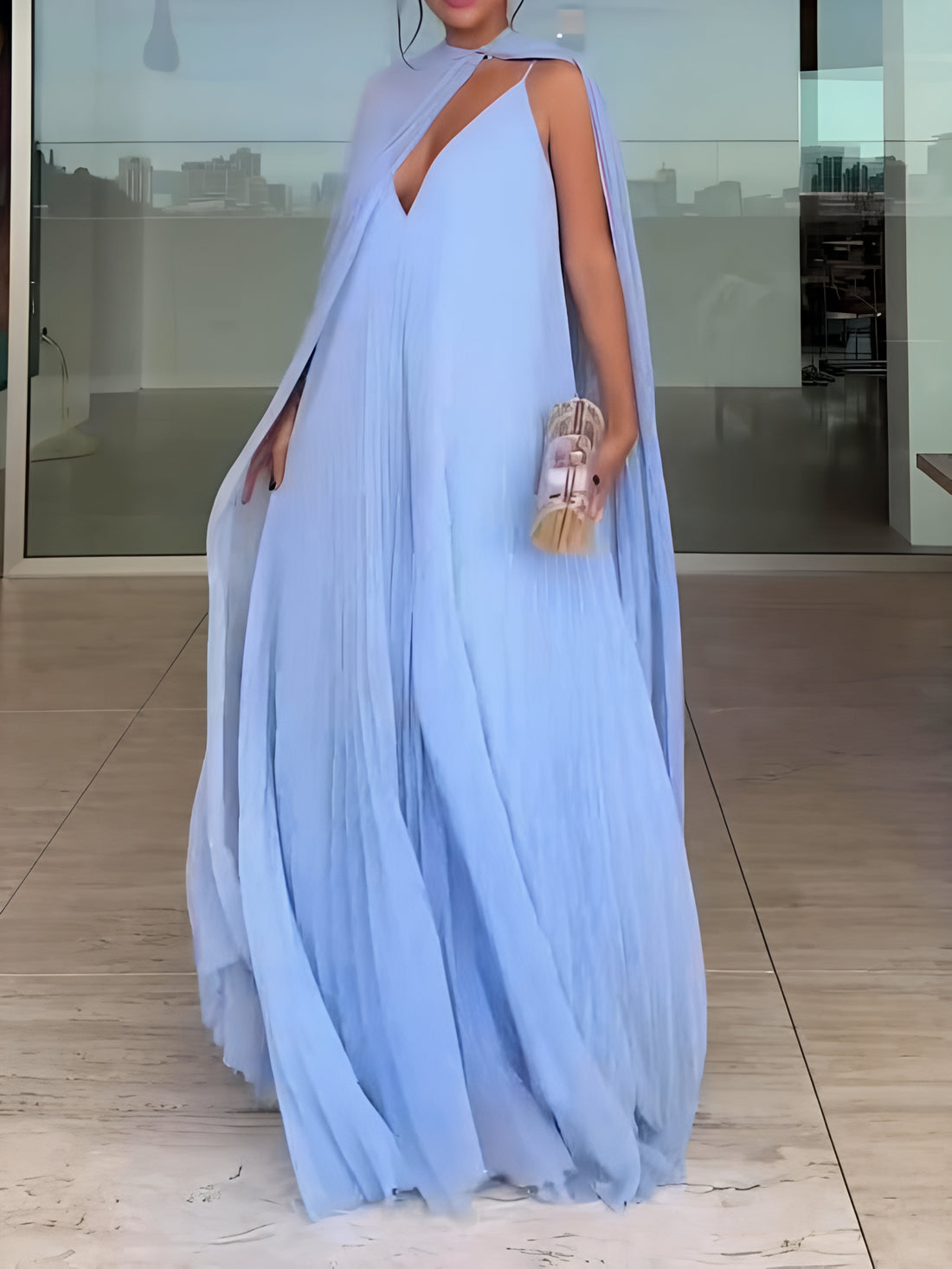 Pleated Cape Maxi Dress