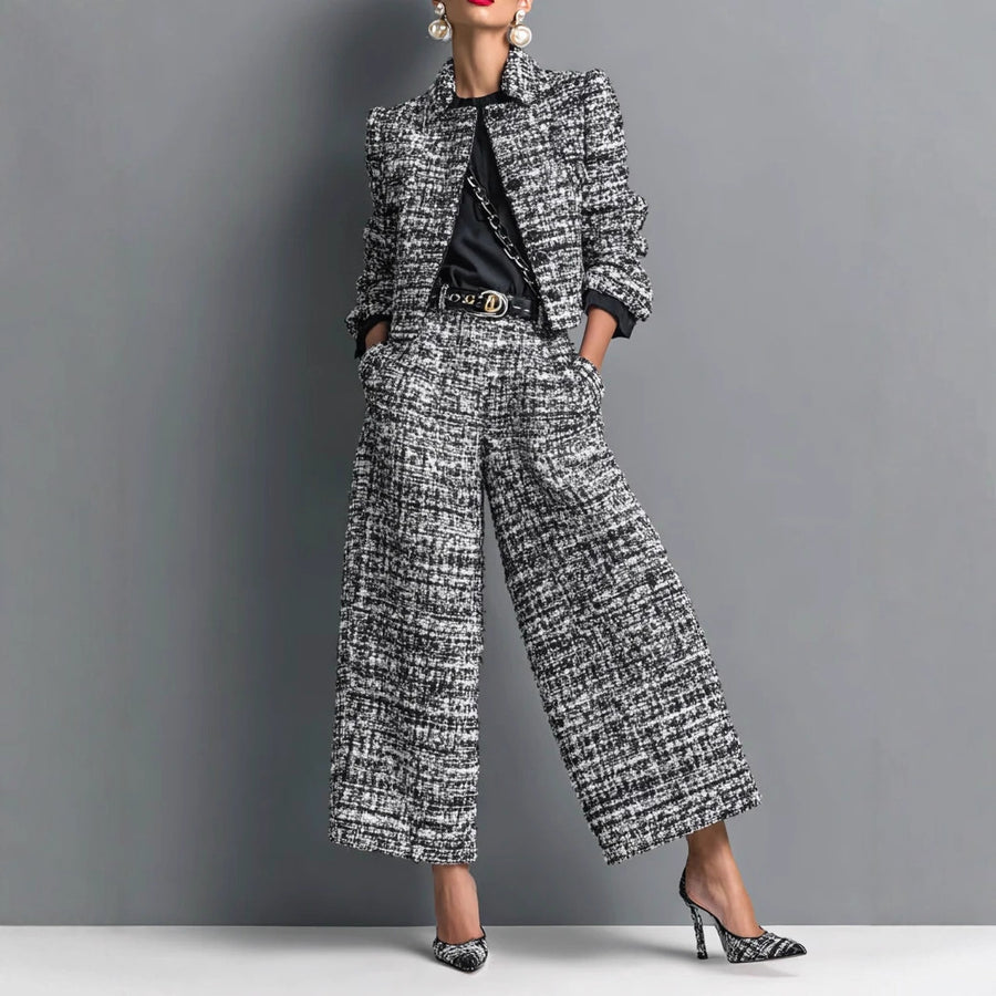 Tweed Cropped Jacket & Wide-Leg Pants Set