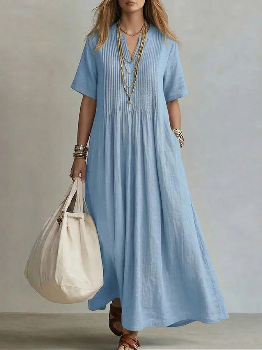 The Neck Pleated Cotton Linen Dress — women’s Dress, ENIGMAE