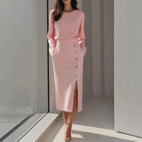 Women's Solid Long Sleeve Round Neck Waist-Cinched Button Slit Dress