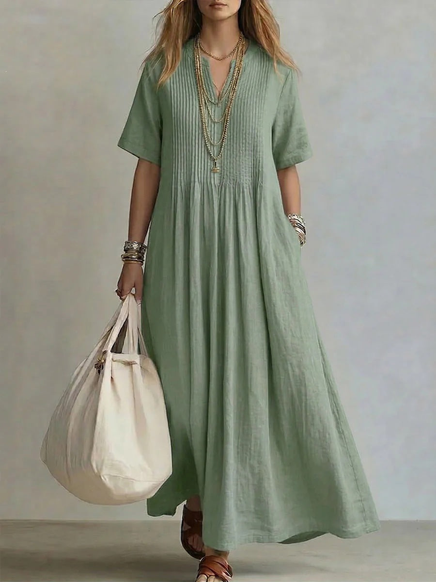 The Neck Pleated Cotton Linen Dress — women’s Dress, ENIGMAE