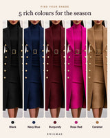 Coat and dress set in 5 colours: black, navy blue, burgundy, rose red, caramel