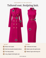 Coat and dress details: notch lapels, gold buttons, flap pockets, turtleneck, belted ribbed knit