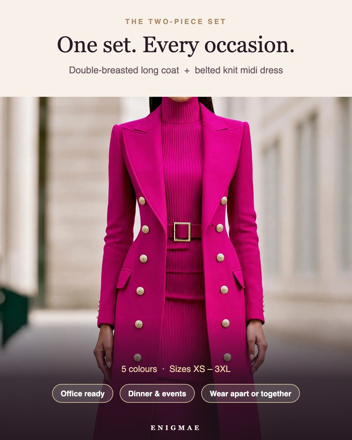 Rose red double-breasted long coat and belted knit midi dress two-piece set