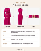 What is included: long coat, knit midi dress and belt, sizes XS to 3XL