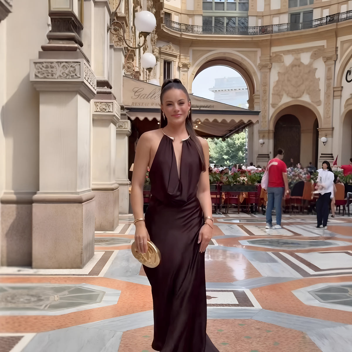 Mocha Satin Halter Maxi Dress