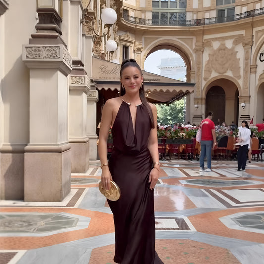 Mocha Satin Halter Maxi Dress