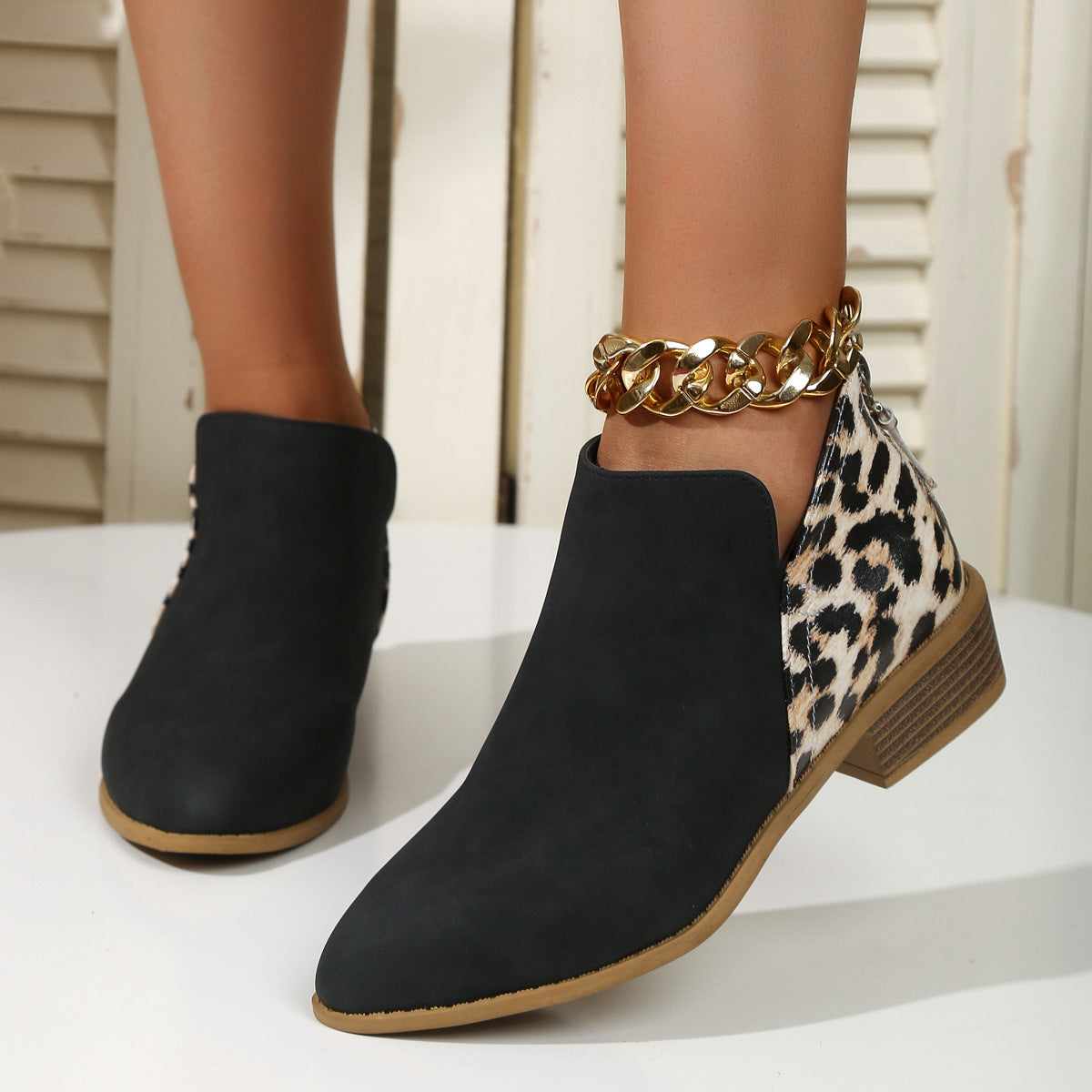 Leopard Panel Pointed-Toe Ankle Boots