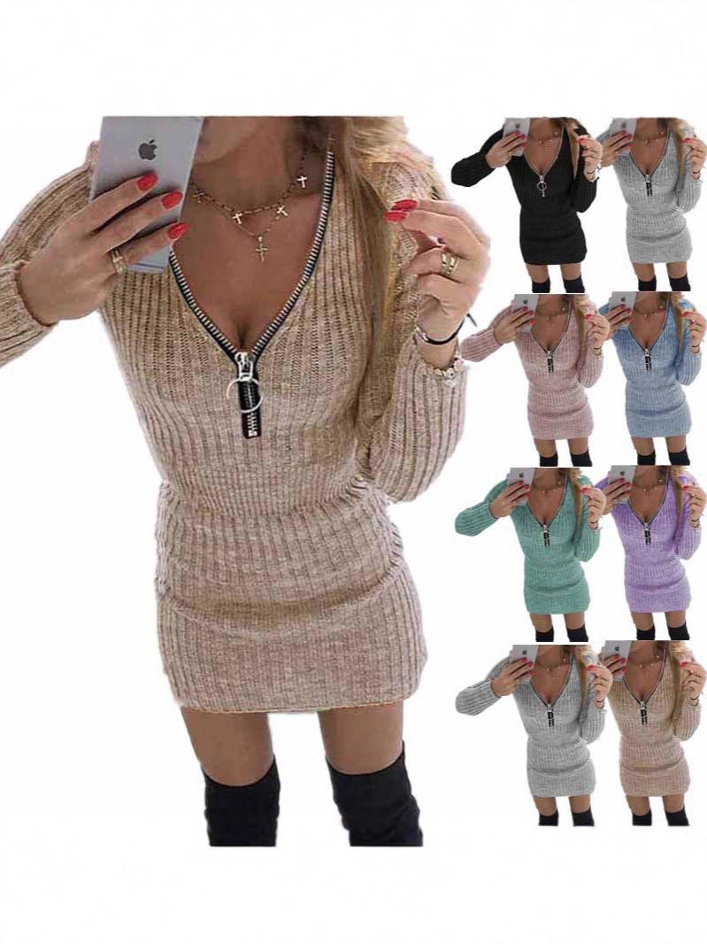 Women's Zipper Long Sleeve Knitted Pencil Mini Dress