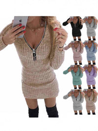 Women's Zipper Long Sleeve Knitted Pencil Mini Dress