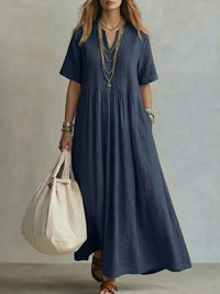 The Neck Pleated Cotton Linen Dress — women’s Dress, ENIGMAE