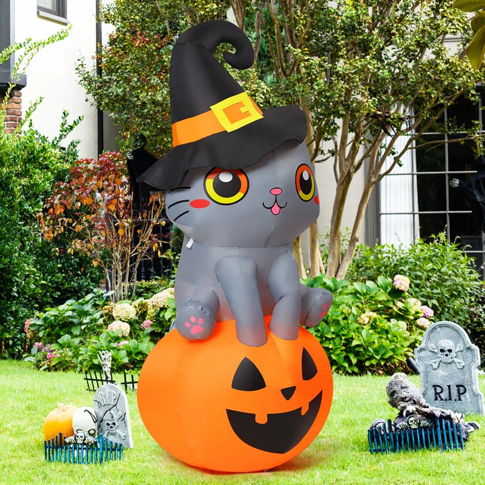Halloween Inflatable 6 FT Inflatable Halloween Cat Sitting on Pumpkin, Halloween Inflatable Cat Pumpkin with LED Lights, Funny Outdoor Halloween Decorations for Halloween/Holiday/Party