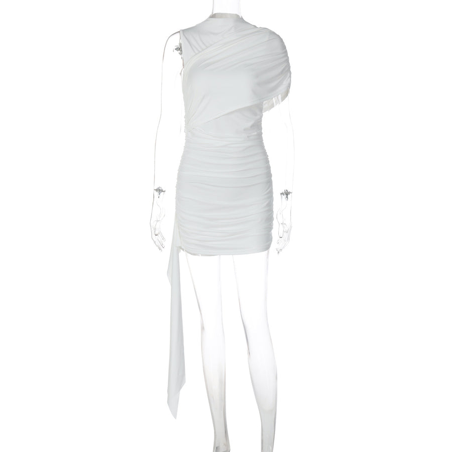 Pure Color Pure Desire High-End Slant Collar Pleated Sleeves Spliced ??Ribbon Dress