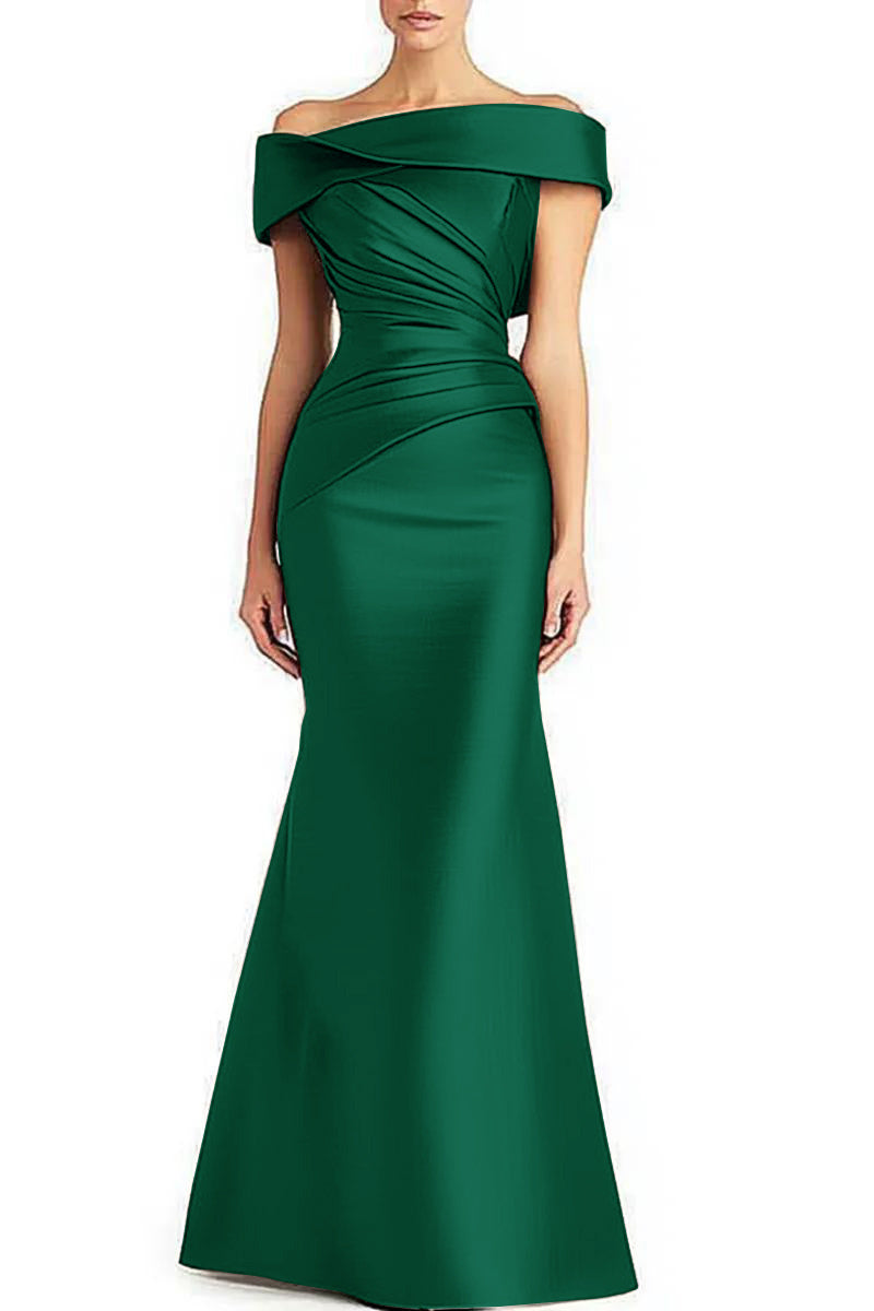 Evening Formal Dress Pleated Off-shoulder Elegant Maxi Dress Mother Of The Bride Dress — Green