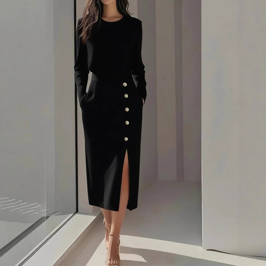 Women's Solid Long Sleeve Round Neck Waist-Cinched Button Slit Dress