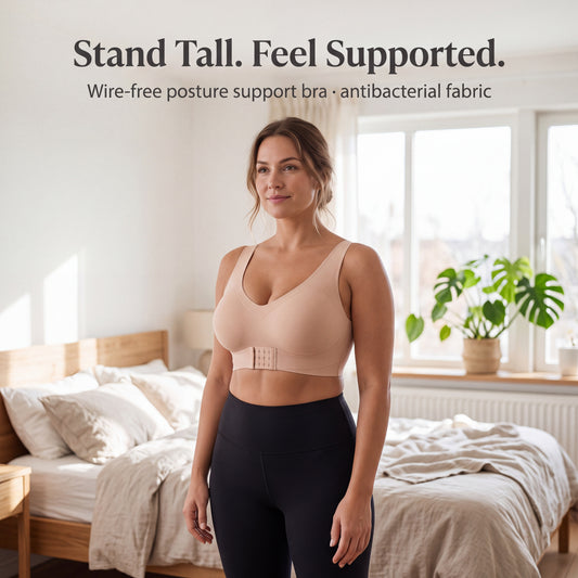 Woman standing tall in the Stay-Put wire-free posture support bra – Stand Tall. Feel Supported.