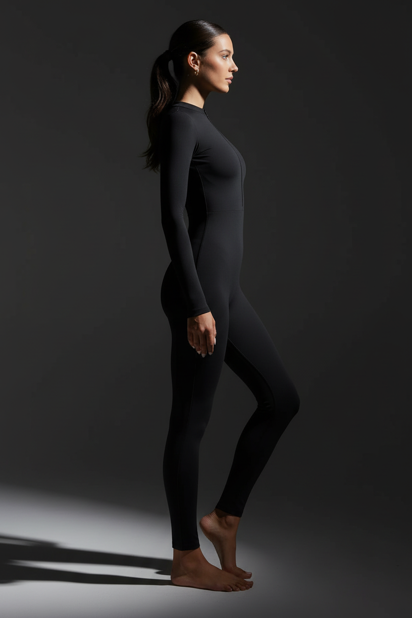 Chic Half-Zip Jumpsuit in dark moody editorial setting | Enigmae