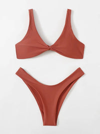 Solid Color Knotted Strap Bikini Swimsuit