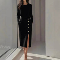 Women's Solid Long Sleeve Round Neck Waist-Cinched Button Slit Dress