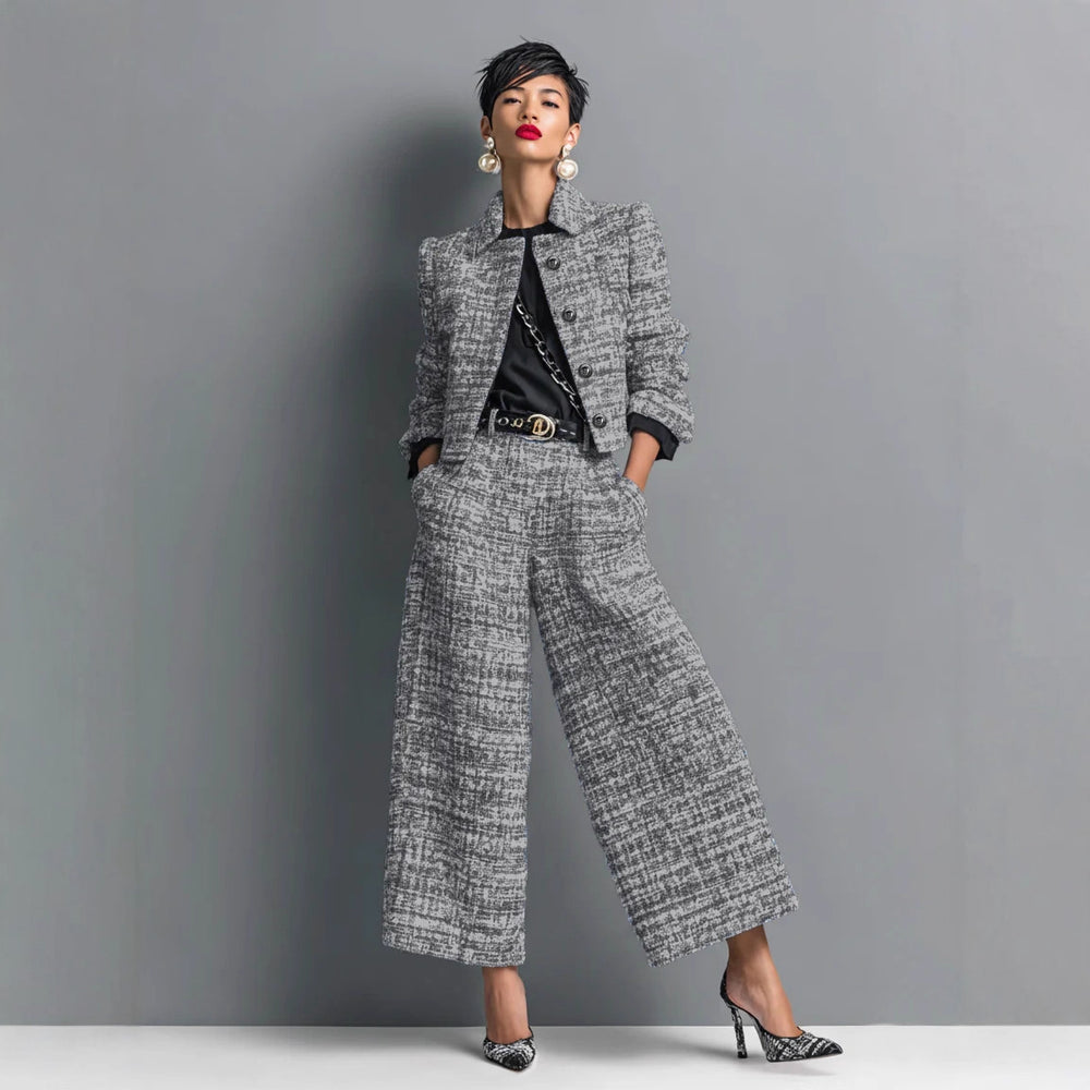 Tweed Cropped Jacket & Wide-Leg Pants Set