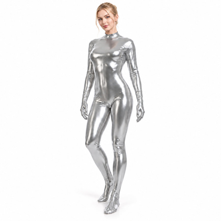 Solid-color Womens Back-zip Adhesive One-piece Bodysuit Performance Costume