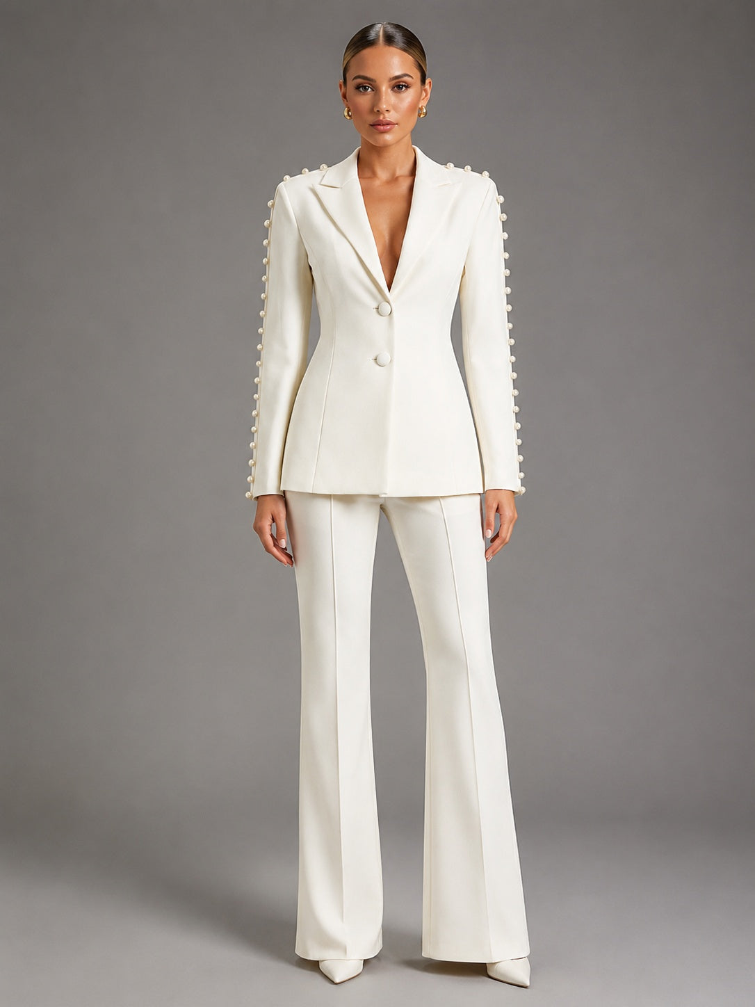 Pearl Embellished Peak Lapel Blazer & High Waist Full Flare Suit Trousers 2-Piece Set — White