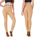 Inside view of plush beige fleece lining of thermal tights