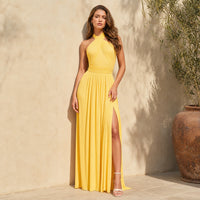 Lifestyle — yellow pleated maxi dress