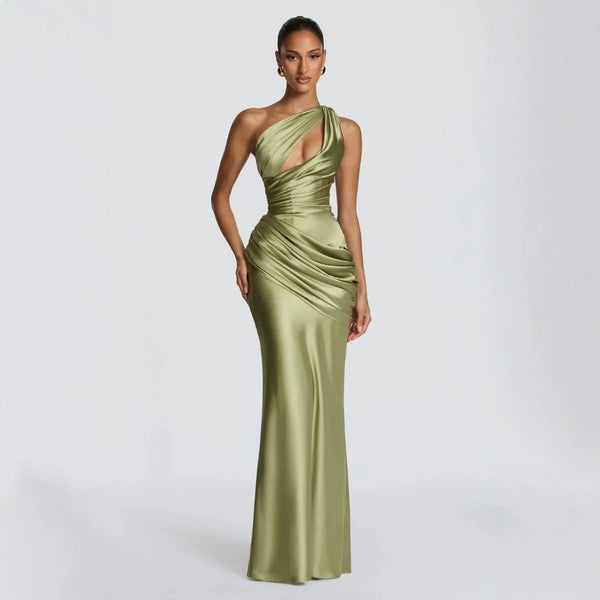 Aria one-shoulder satin gown in olive